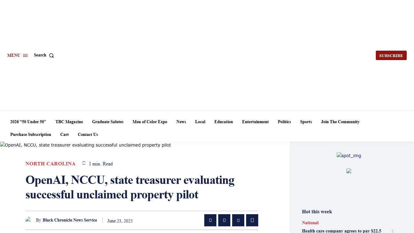 OpenAI, NCCU, state treasurer evaluating successful unclaimed property pilot - North Carolina - The Black Chronicle