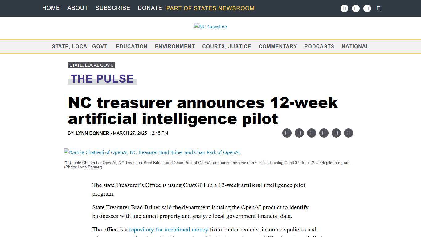 NC treasurer announces 12-week artificial intelligence pilot • NC Newsline